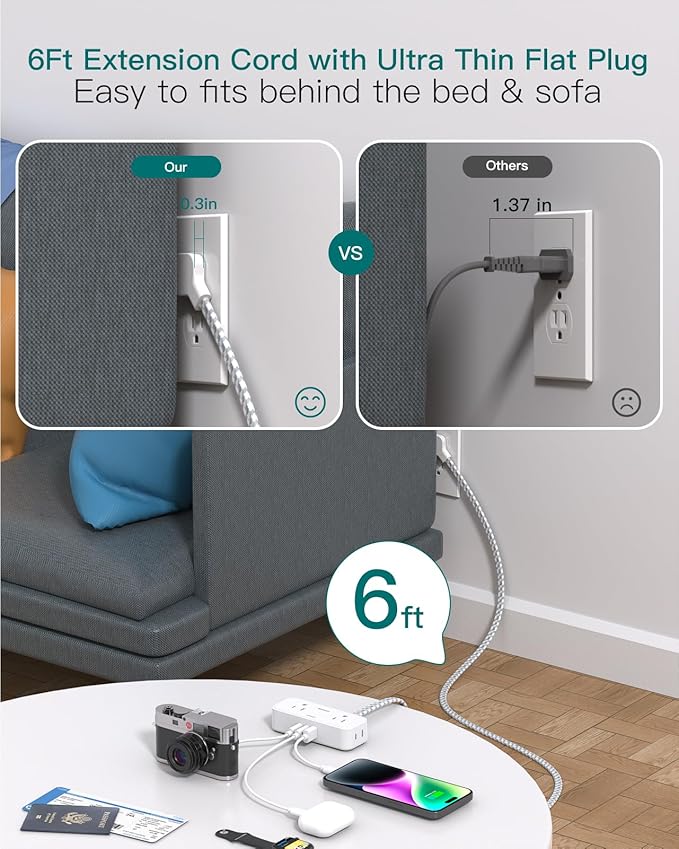 Travel Essentials, 6 Ft Power Strip with 4 Outlets and 3 USB Ports(2 USB C), Addtam Flat Plug Small Extension Cord,Non Surge Protector for Cruise Ship, Travel, Dorm Room Essentials, ETL Listed, White