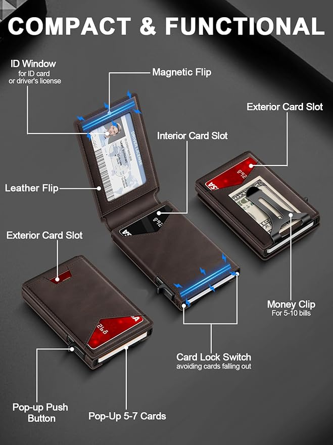 Wallet for Men RFID Wallet with Money Clip, Slim Pop Up Card Holder for 10-12 Cards, Minimalist Smart Credit Card Case with ID Window, Bifold Metal Wallet for Front Pocket, Gifts for Men