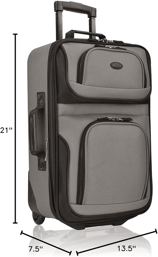 U.S. Traveler Lightweight Rolling 20" Carry On Luggage Softside Suitcase, Grey, 2 Wheel Single