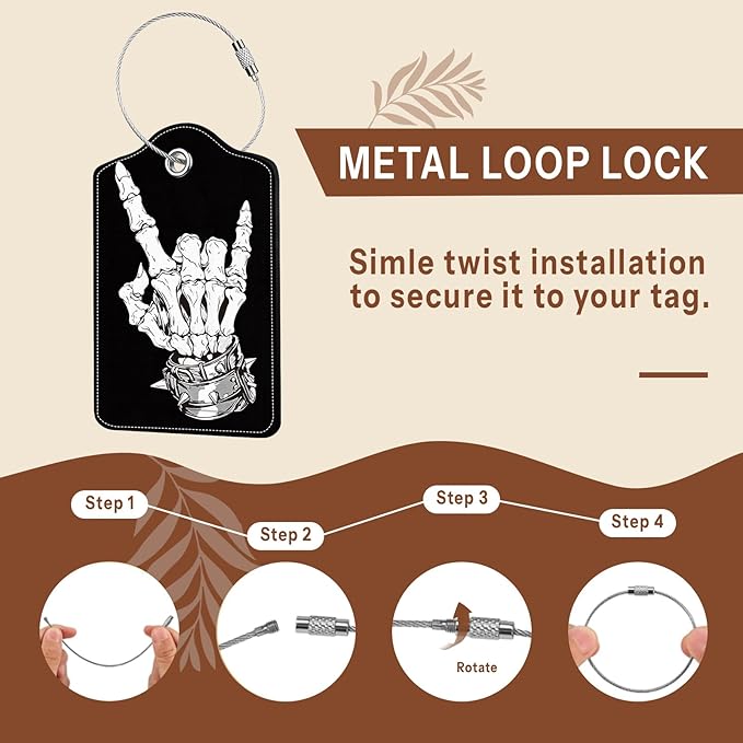 2 Pcs Skull Luggage Tags for Suitcases, Black Leather Luggage Tags, Privacy Cover ID Label with Stainless Steel Loop & Address Card, Funny Skull Travel Bag Tag Luggages Accessories for Suitcases