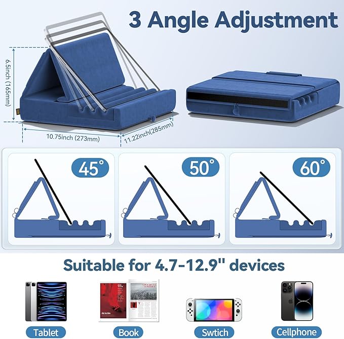 KDD Tablet Pillow Holder, Foldable iPad Stand for Lap, Bed and Desk -Tablet Soft Pad Dock with Pocket & Stylus Mount Compatible with iPad Pro 12.9, 10.5, 9.7 Air Mini 6 5 4 3, Galaxy Tab,E-Reader