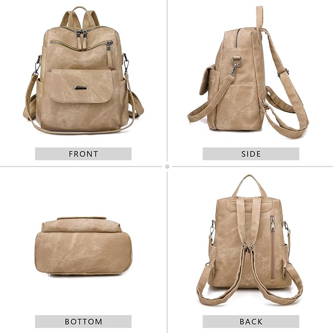 PU Leather Backpack Purse for Women Fashion Multipurpose Design Handbag Ladies Shoulder Bags Travel Backpack Khaki