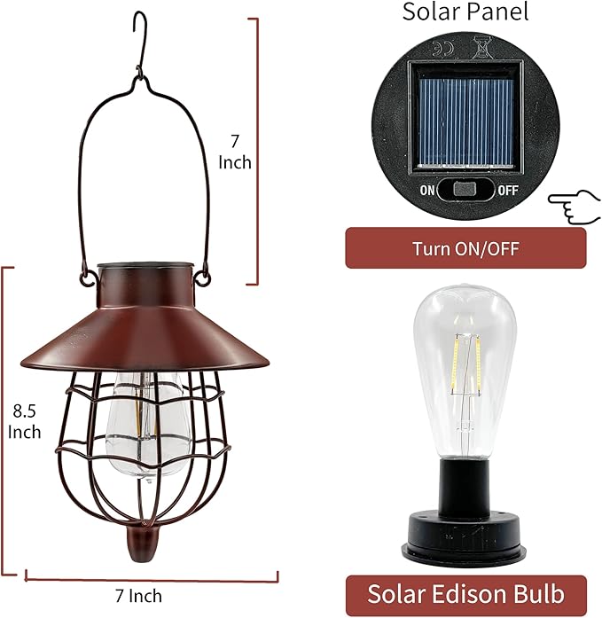 2 Pack Solar Lanterns Outdoor Waterproof Hanging Solar Lights with Vintage Metal Warm White Light Edison Bulb Design, Decorate for Garden Yard Porch and Christmas (Red)