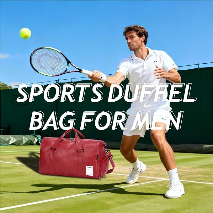 Leather Sports Gym Tote Bag with Shoes Compartment & Wet Pocket, Travel Duffel for Men & Women, Shoulder Weekender Overnight Bag for Yoga, Pilates, Swimming