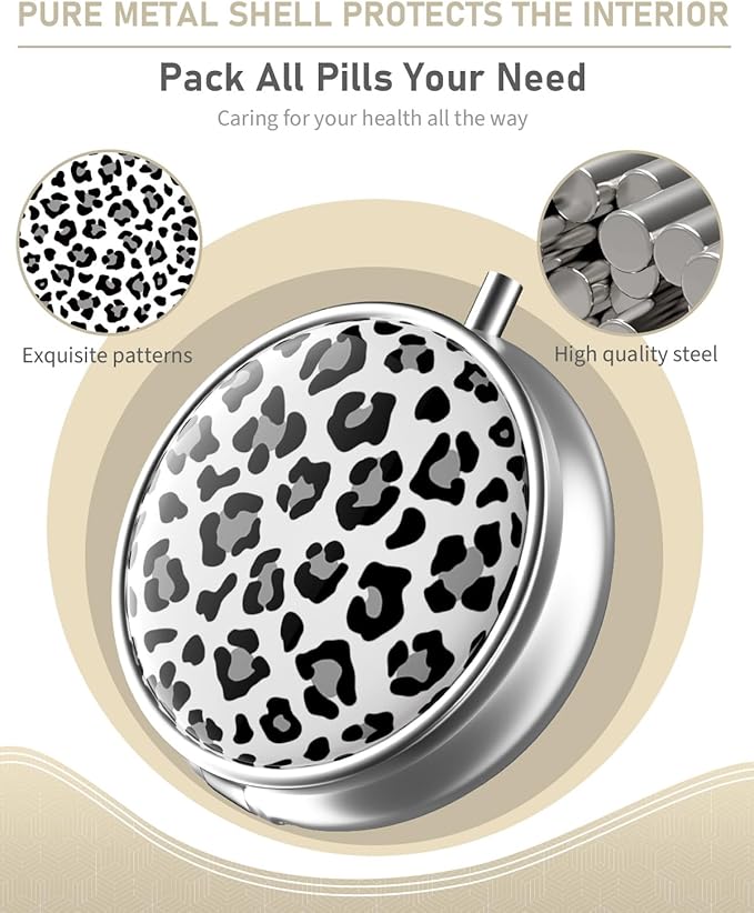 Pill Box, 3 Compartment Portable Travel Medicine Box with Mirror, Compact and Cute, Fits in Purse and Pocket, Medicine and Vitamin Organizer (Snow Leopard)