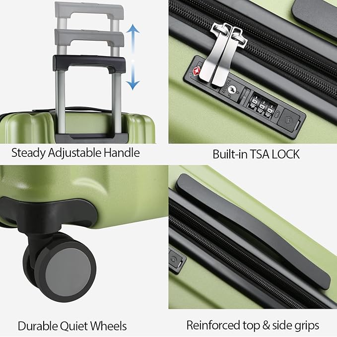 KROSER Hardside Expandable Carry On Luggage with Spinner Wheels & Built-in TSA Lock, Durable Suitcase Rolling Luggage with USB Port, Carry-On 20-Inch, Green