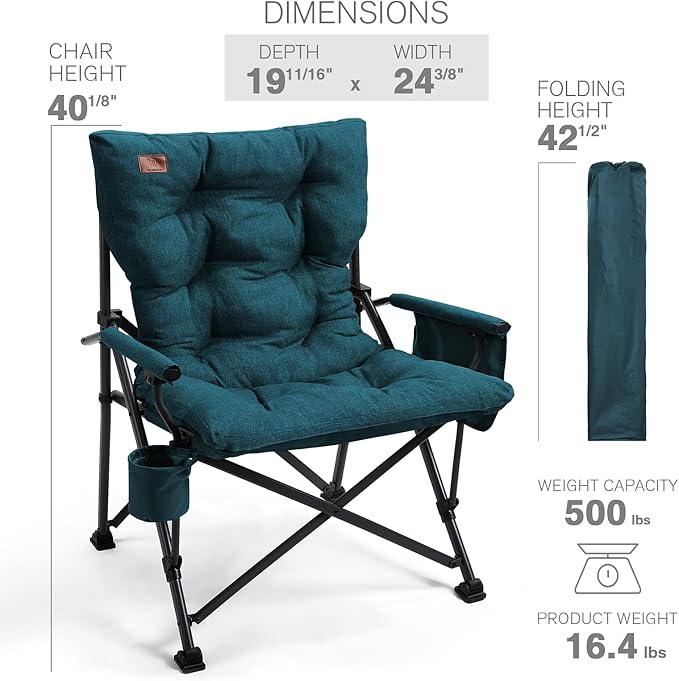 EVER ADVANCED Padded Oversized Folding Camping Chair for Adults, Heavy Duty Lawn Chair with Side Pockets, Portable Collapsible Quad Chair for Outside, Support Up to 500lbs, Green