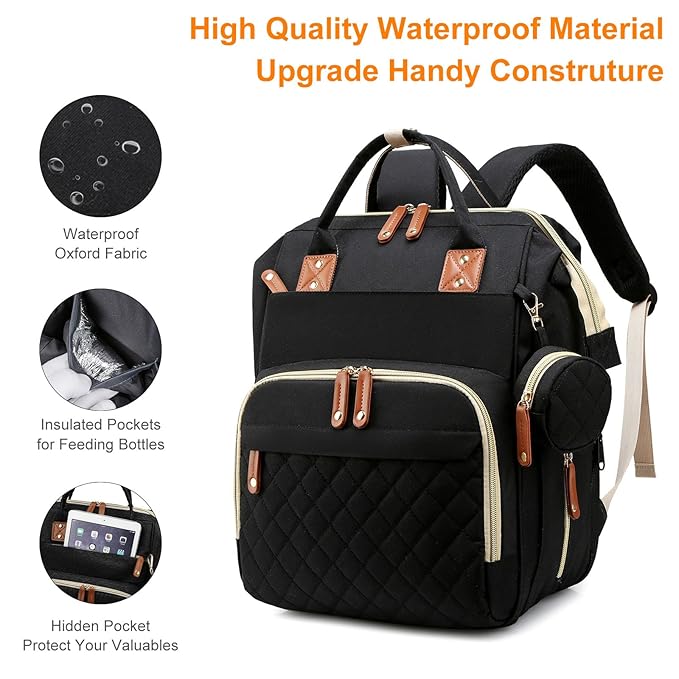 Diaper Bag, Backpack with Changing Station, Waterproof Baby Bag for Boys & Girls, USB Charging Port for Parents, Travel Backpack Baby Essentials & Lovely Baby Shower Gifts, Black