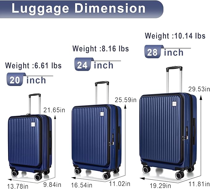 Luggage Sets 3 Piece, ABS Lightweight 20in/24in/28in Luggage, Expandable Carry On Suitcase Set with TSA Lock & Double Wheels, Front Open Hardshell Luggage Sets (Blue)