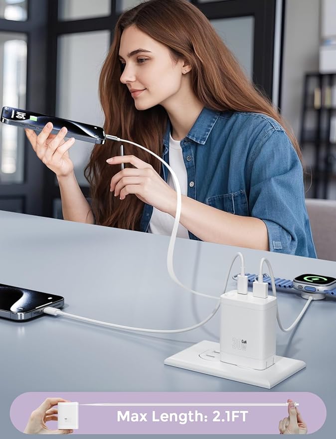 30W Retractable Wall Charger with USB C Cable 2.1FT, 2-Port USB Block 3 in 1 Travel Essentials,for iPhone Charger Fast Charging Plug for iPhone 16/15 Series, iPad, LG, Samsung-Only 1Pcs