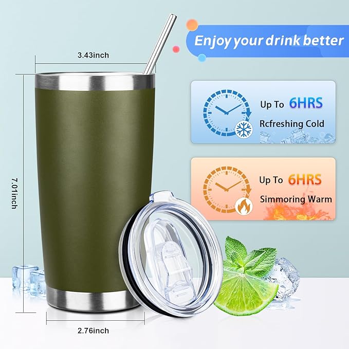 20oz Tumbler with Straw and Brush, Stainless Steel Vacuum Insulated tumbler, Double Wall Insulated Coffee Tumbler for Outdoor, Home, Travel,Office (Army Green,4pcs)