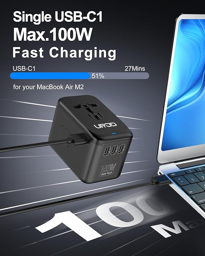 Universal Travel Adapter, 120W GaN International Power Plug Adapter, 5 USB Ports and 1 AC Outlet, All-in-One Travel Charger for 200+Countries, Fast Charging All USB & Dual Voltage Devices