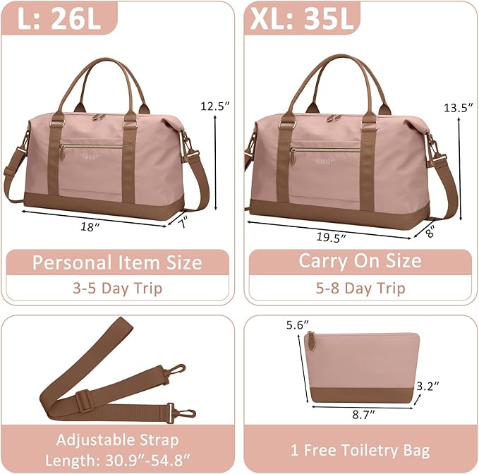 Travel Duffle Bag for Women, Weekender Bags, Hospital Bag for Labor Delivery, Lightweight Tote Duffel Overnight Bag with Luggage Sleeve, Airplane Travel Bags with Toiletry Bag, X-Large,Pink