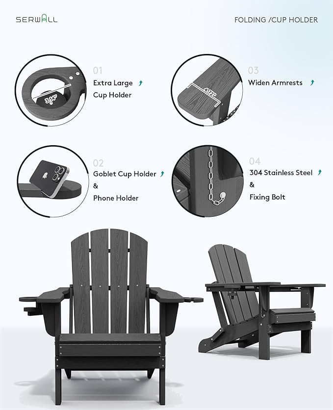 SERWALL Foldable Adirondack Chair Set of 2, HDPE Adirondack Chair with Wood-Texture-Gray