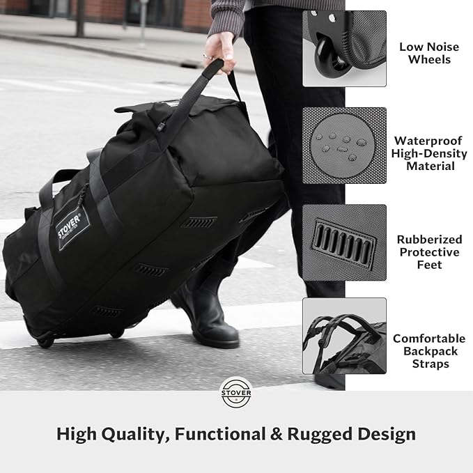 STOVER 80L Rolling Duffel Bag with Wheels, Large 31 Inch Durable Travel Duffle + Toiletry Bag, Heavy Duty, Packable, Foldable w/Shoulder Straps- Use as Luggage or Backpack, Men/Women (Black)
