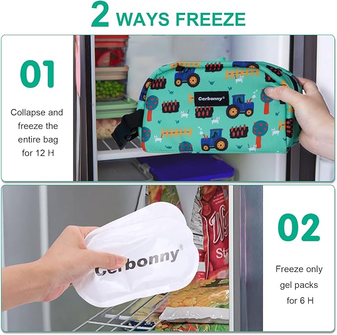Cerbonny Small Cooler Bag Freezable Lunch Bag for Work School Travel,Small Lunch Bag,Small Insulated Bag For Kids/Adults,Freezer Lunch Bags,Mini Lunch Bag Fit For Yogurt,Suit for 3+(green vehicle)