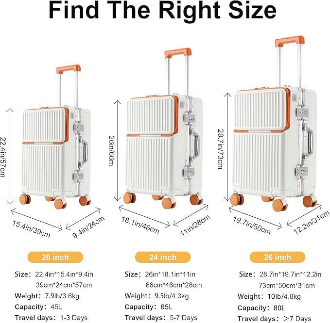 Hard Shell Luggage 26 Inch Travel Luggage, Carry-On Luggage Spinner TSA with Lid, PC+ABS Aluminum Frame，Lightweight Travel Luggage 20'' 24'' 26'' Carry-On (orange, 26 inch)