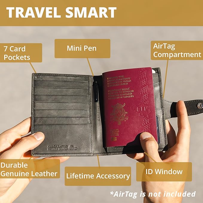 GARZINI Passport Holder with AirTag, Passport Wallet with RFID, Travel Accessories, Travel Document Holder with ID Window, Leather Passport Holder for 7 Cards, Camel Brown