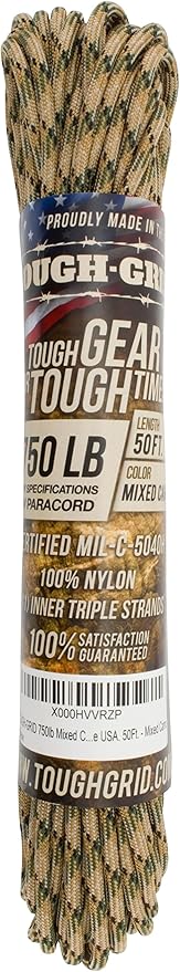 TOUGH-GRID 750 Paracord Rope Nylon Parachute Cord, Made in USA Survival Kit, Outdoor Adventures, Camping, Tactical Gear & Emergency Supplies, Military Type IV Mil-Spec