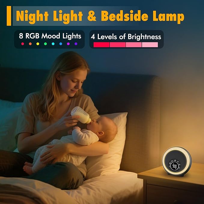 White Noise Sound Machine for Sleep, 30 Soothing Sounds, 8 RGB Dimmable Night Lights, Portable Bluetooth Speaker Alarm Clock for Bedrooms, Heavy Sleepers, Ideal Gift for Baby, Kids, Teenagers, Adults