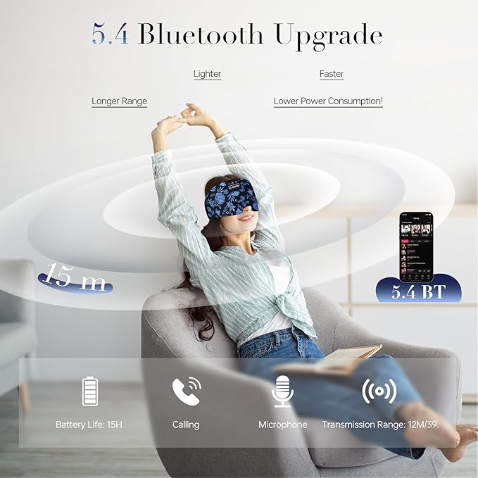 LC-dolida Sleep Mask with Bluetooth Headphones, Extra Large Silk Eye Mask for Sleeping Side Day Sleepers, Sleep Headphones Bluetooth 5.4 for Women Men with Thin Speaker, Blackout, Comfort, Microphone