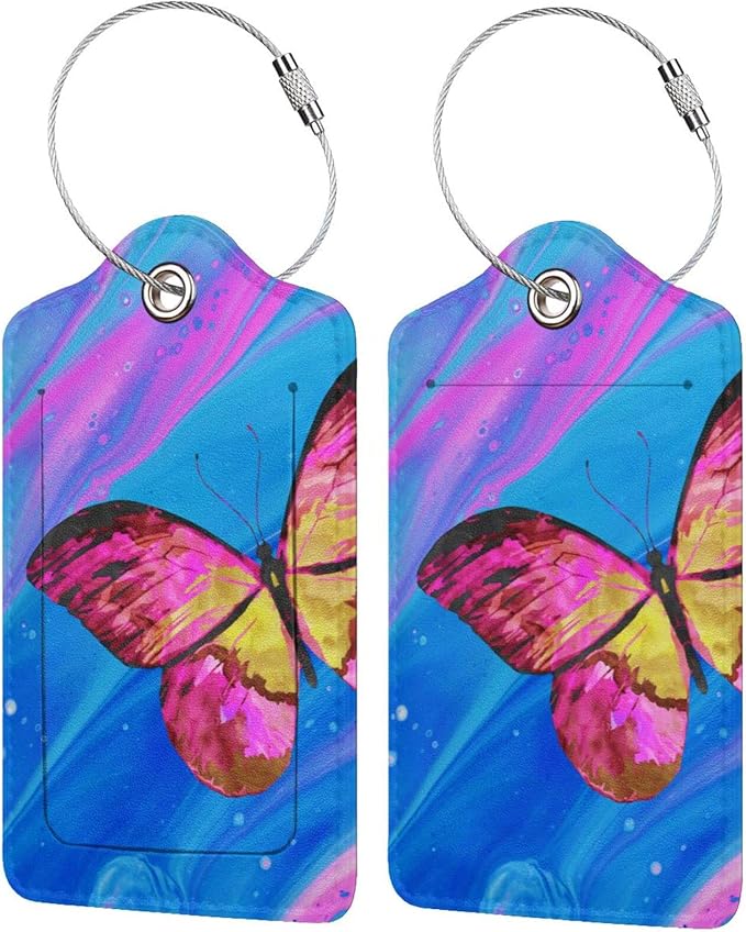 2 Pack Luggage Tag for Suitcase, Cute Unique Leather Suitcase Tags Identifiers with Privacy Name Address Labels & Durable Steel Loop for Women Men Travel