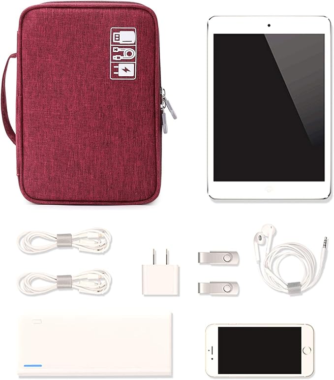 MIRLEWAIY Electronics Cable Organizer, Travel Electronic Accessories Storage Bag Double-Layer for Power Bank, USB, Fresh Drives, Chargers, Cables, Earphone, Red