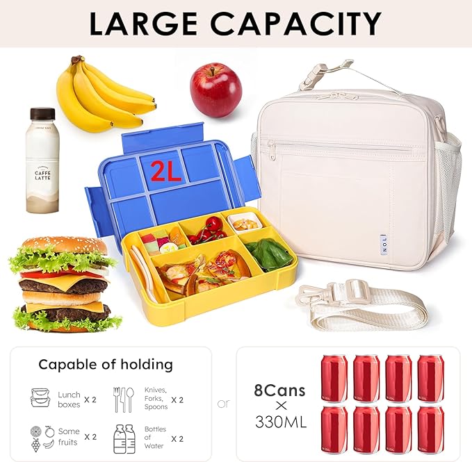 NOL Kids Lunch Bag - Kids 3+ Reusable Insulated Lunch Box with Zipper Closure Buckle Handle Adjustable Long Shoulder Strap, Easy-Clean Waterproof Fabric, Children Lunch Tote Bag for School -Cream