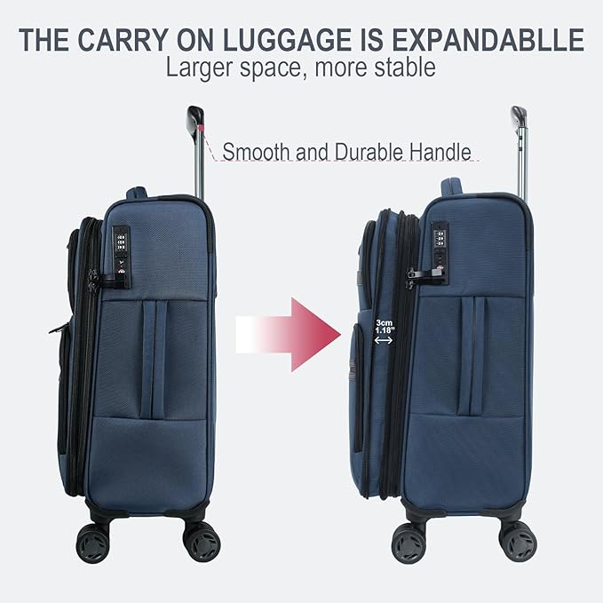 KROSER Softside Expandable Carry On Luggage with Spinner Wheels & Built-in TSA Lock, Durable Suitcase Rolling Luggage with USB Port, Carry-On 20-Inch, Haze Blue