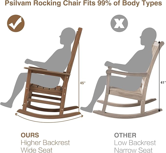 Psilvam Outdoor Rocking Chair, Poly Lumber Oversized Rocking Chair with 21" Wide Seat and 32" Tall Backrest, Pre-Assembled with Most Components for Effortless Installation(Bright Brown)