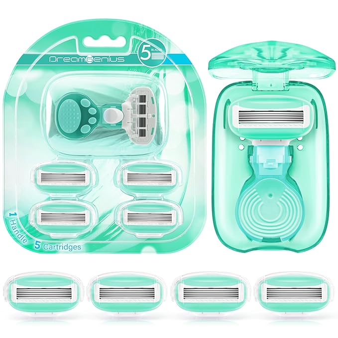 DreamGenius Travel Razors for Women Include 1 Handle and 5 Cartridges, Extra Smooth 5-Blade Travel Essentials Razor with Case for Shaving, Green
