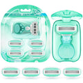 DreamGenius Travel Razors for Women Include 1 Handle and 5 Cartridges, Extra Smooth 5-Blade Travel Essentials Razor with Case for Shaving, Green