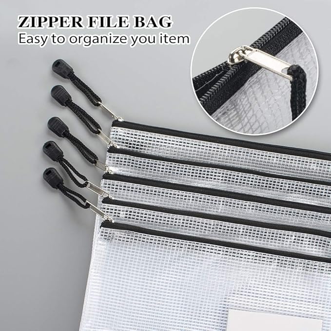 Sooez 20 Pack Mesh Zipper Pouch with Label Pocket, Plastic Zip File Folders, Zipper Document Bag for Teacher School Office Supplies, Classroom Organization, Board Game Storage, 13.3" x 9.4", Black