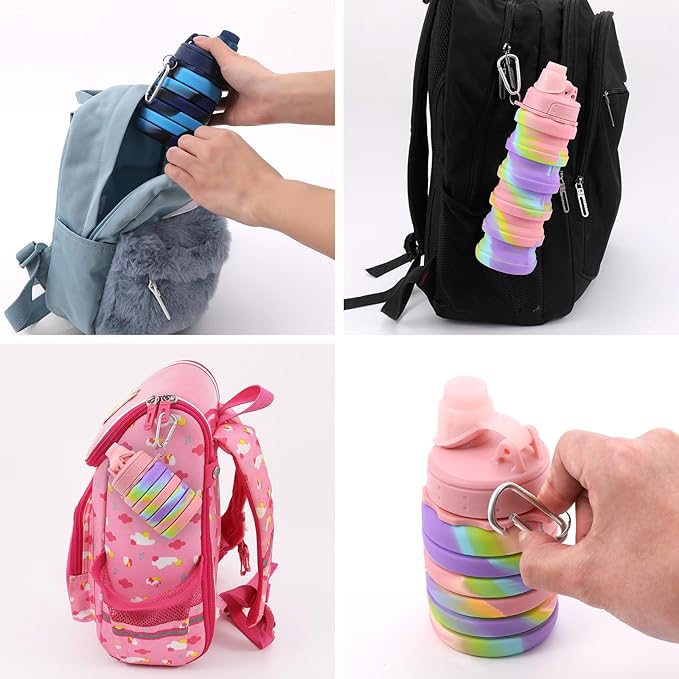Collapsible Water Bottles for Travel, Foldable Sports Water Bottle for Kids, Reusable Water-proof Silicone Water Bottles with mountaineering Buckle for Camping Hiking Holiday