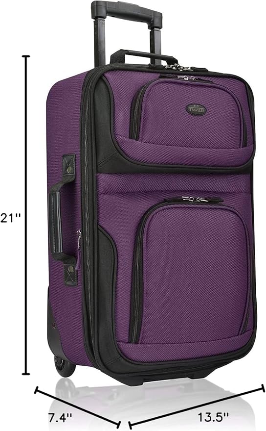 U.S. Traveler Lightweight Rolling 20" Carry On Luggage Softside Suitcase, Purple, 2 Wheel Single