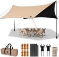 Camping Tarp with Poles & Retainer,15x12.5FT Large Waterproof 210D Oxford Cloth Camping Canopy, Anti-UV UPF100+ Tent Tarp Car Awning for Outdoor, Picnic, Hammock, Car, Backpacking (Khaki-Black)