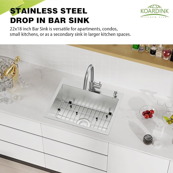 Stainless Steel Drop In Kitchen And Bar Sink - 22x18 Inch Single Bowl Topmount Bar Sink Come With SS Grid,Silicon Mat,Drain Strainer Set