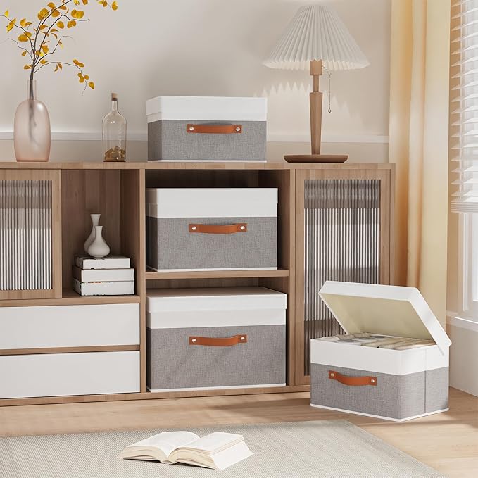 Fabric Storage Bins with Lids, 5 Pack Linen Foldable Cloth Baskets, 15 x 9.8 x 9.8 Inch Closet Organizer Containers with Double Handles, Sweater Boxes for Bedroom, White and Grey