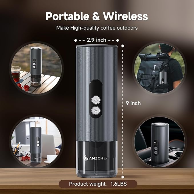 AMZCHEF Portable Espresso Machine w/ 9000mAh Battery & USB-C, 2-in-1 Travel Coffee Maker for Ground/NS Capsules, Car Coffee Machine Self-Heating for Camping, RV, Hiking, Office, Aluminum