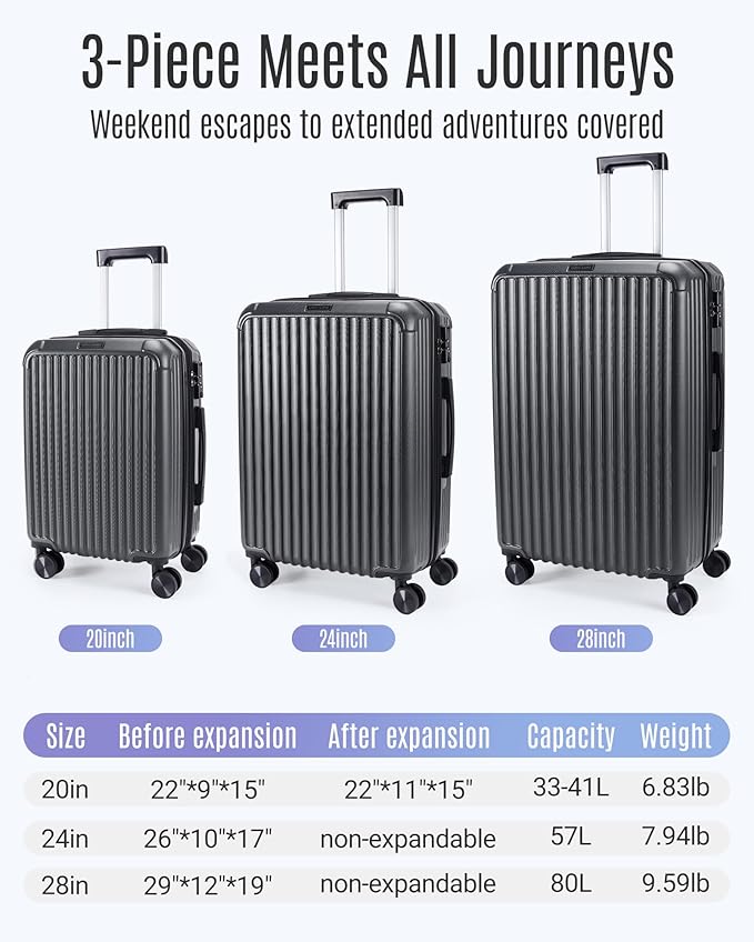 LIGHT FLIGHT Luggage Sets, Durable Hard Shell 3 Piece Set Suitcase with Spinner Wheels, Hardside Lightweight Luggage set with TSA Lock, Large Travel Luggage Set (20" 24" 28"), Glacier Gray