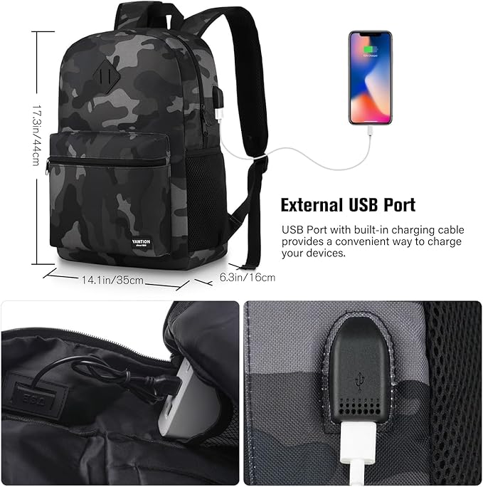 School Backpack,Classic Bookbag Men and Teen Boy Schoolbag with USB Charging Port for High School College Office Work Travel