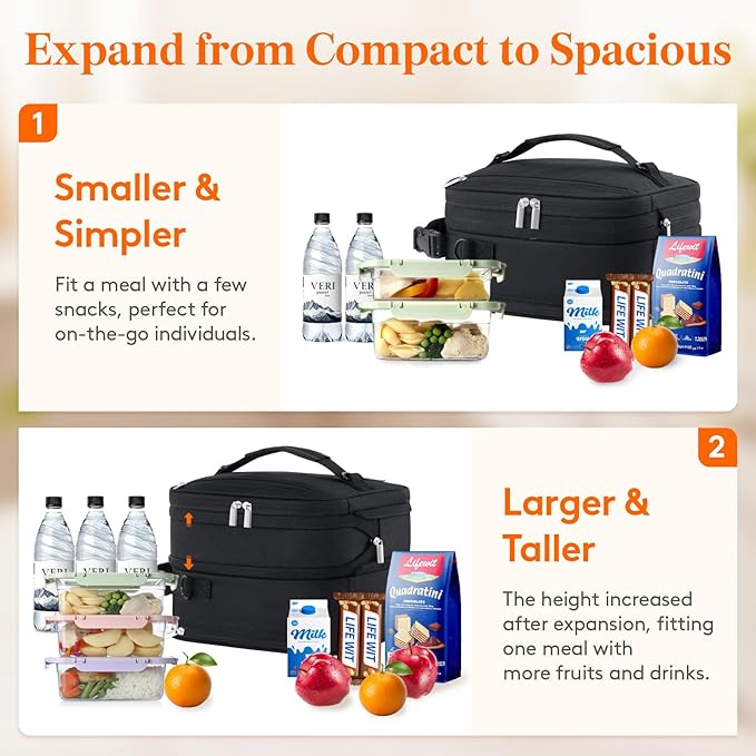 Lifewit Insulated Lunch Box for Men, Expandable Cooler Bag, Freezable Lunch Bag for Women with 2 Ice Packs and Shoulder Straps for Work Travel College, 12L Black