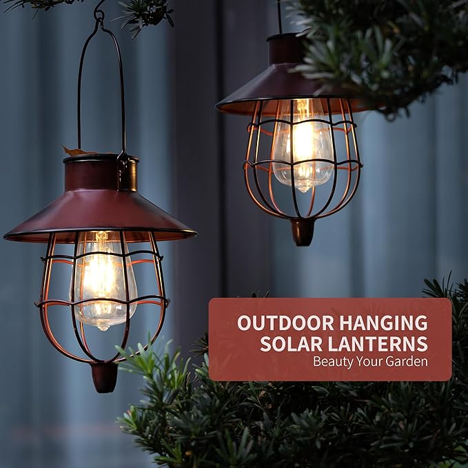 2 Pack Solar Lanterns Outdoor Waterproof Hanging Solar Lights with Vintage Metal Warm White Light Edison Bulb Design, Decorate for Garden Yard Porch and Christmas (Red)