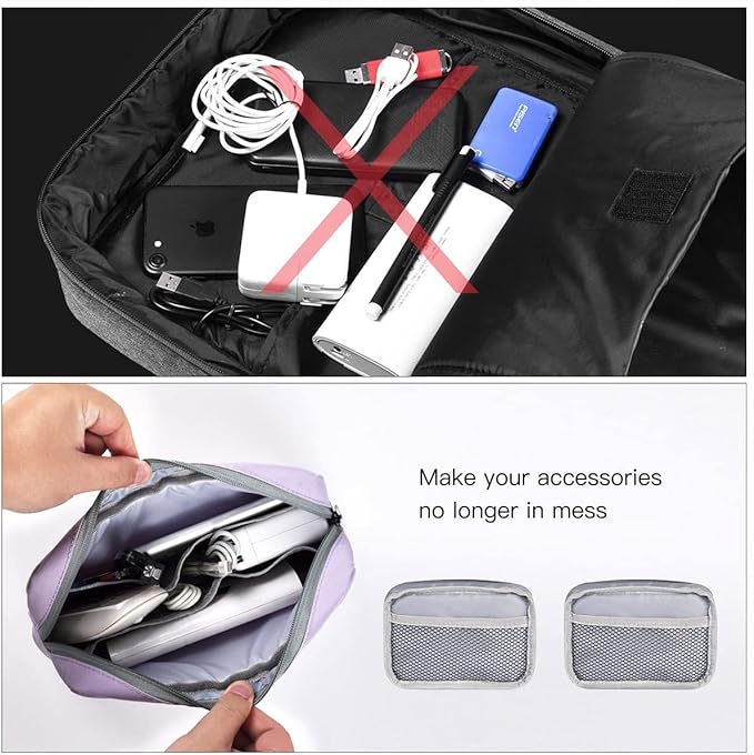 Universal Electronics Accessories Bag Pouch, 2-Pack Portable Soft Carrying Case Bag Wire Cable Organizer for Hard Drive, Power Adapter, Laptop Mouse, Cosmetics Kit, Cell Phone, Small+Big-Purple