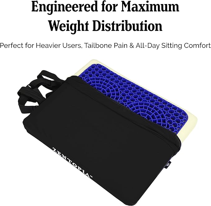 Gel and Memory Foam Seat Cushion – Office – Ergonomic Cushion Pad for Tailbone Pain - Desk Chair Car Seat Cushion Driving - Sciatica & Back Pain Relief (Black)