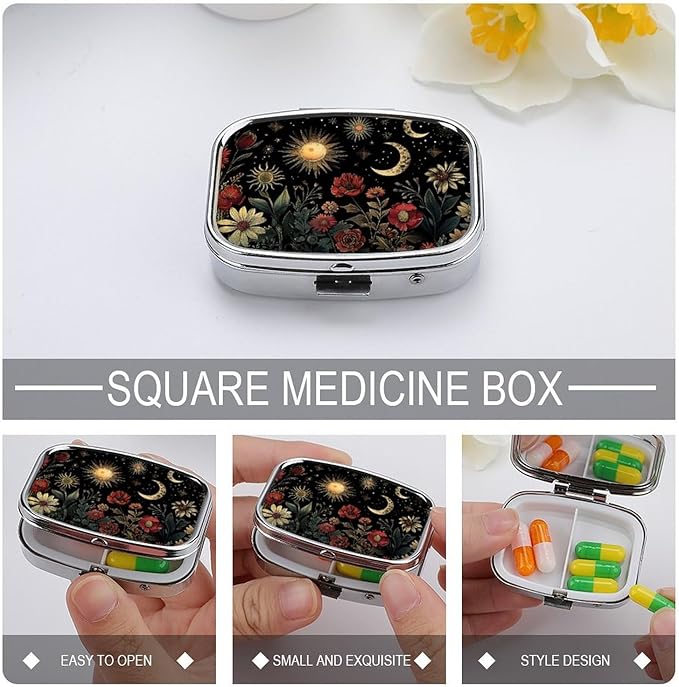 Metal 2 Compartment Pill Organizer Travel Friendly Portable Compact Pill Box Cute Pill Case,for Pocket Wallets Daily Portable Medicine Vitamin Tablet Storage (The Dark Night)