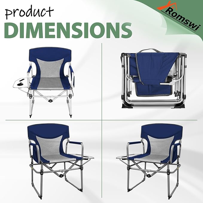 Romswi 2PK Folding Director Chairs, Camping Chair for Outdoor, Compact Directors Chair with Side Table Side Bag, Heavy Duty Oversize Seat for Beach Fishing Picnic Chairs, Holds up to 300 lbs Blue