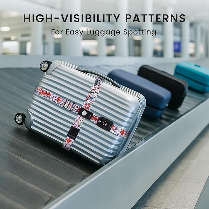 Travelkin Luggage Straps TSA Approved - Adjustable Cross Suitcase Straps with TSA Lock, Reinforced Buckle, Unique Pattern - Secure Heavy Duty Luggage Straps for Travel (Journey)