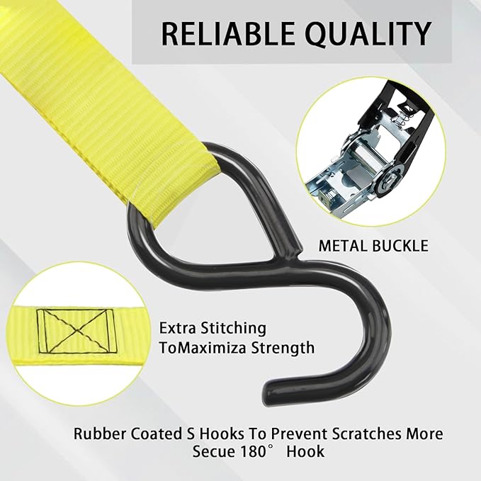 XSTRAP STANDARD Ratchet Tie Down Straps - 8PK - 1'' x 10 ft - 900 LB Break Strength Cargo Straps for Moving Appliances, Lawn Equipment, Motorcycle Yellow