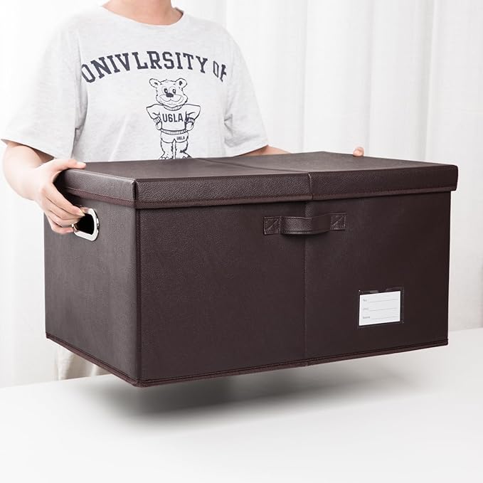 PRANDOM Collapsible Storage Box with Lid [1-Pack] Leather Fabric Foldable Storage Bin Organizer Container Basket Cube with Cover for Home Bedroom Closet Office Nursery Brown (22.8X15.7X11.8)